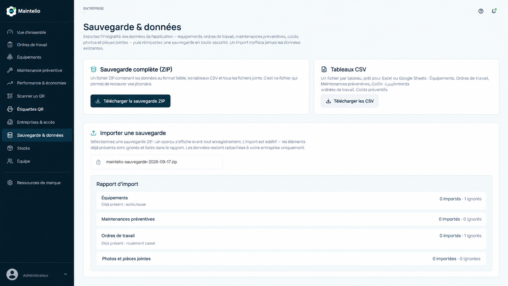 Écran Sauvegarde et données de Maintelio, avec export ZIP, tableaux CSV et import